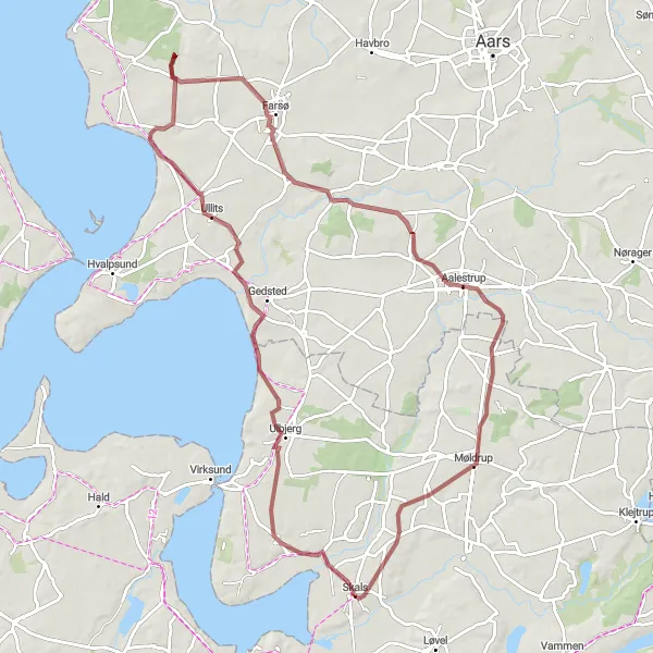 Map miniature of "Scenic Skals to Møldrup Gravel Route" cycling inspiration in Midtjylland, Denmark. Generated by Tarmacs.app cycling route planner