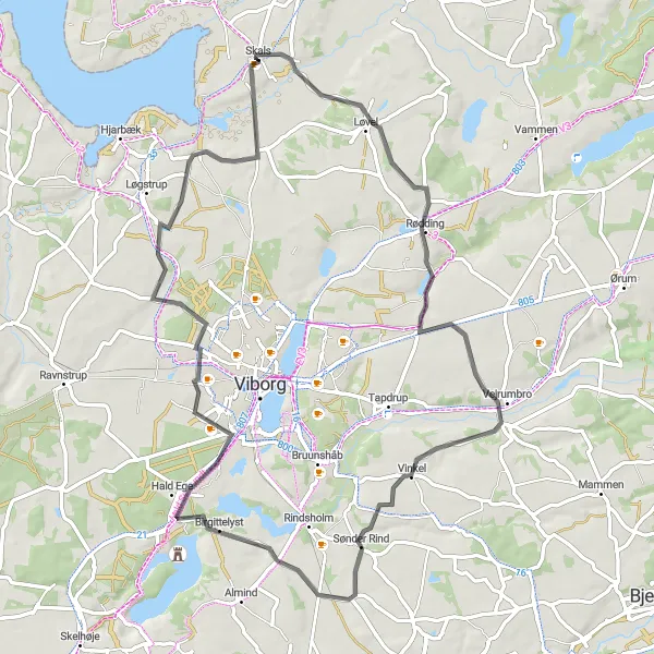 Miniaturekort af cykelinspirationen "Kort og udfordrende rute fra Skals" i Midtjylland, Denmark. Genereret af Tarmacs.app cykelruteplanlægger