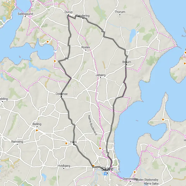 Miniaturekort af cykelinspirationen "Oddense og Grønning Rundtur" i Midtjylland, Denmark. Genereret af Tarmacs.app cykelruteplanlægger