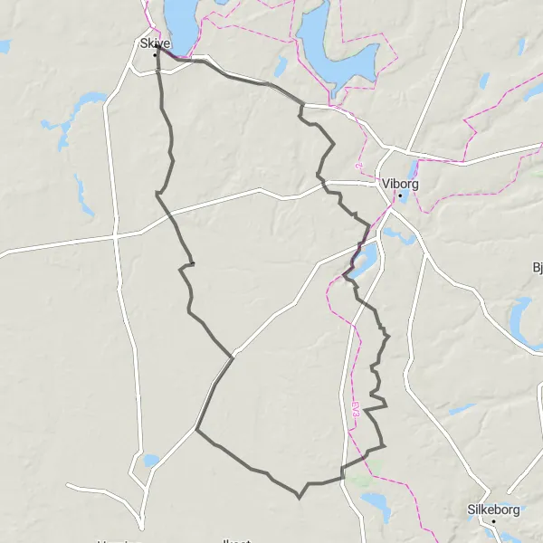 Map miniature of "Skive - Ravnstrup - Lysgård - Ilskov - Vroue - Skive" cycling inspiration in Midtjylland, Denmark. Generated by Tarmacs.app cycling route planner