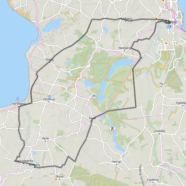 Map miniature of "Skive - Estvad - Sevel - Borbjerg - Handbjerg - Ejsing - Hvidbjerg" cycling inspiration in Midtjylland, Denmark. Generated by Tarmacs.app cycling route planner