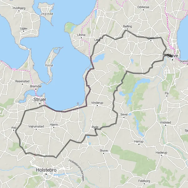 Map miniature of "Skive - Rønbjerg - Ryde - Asp - Handbjerg - Ramsing - Hem" cycling inspiration in Midtjylland, Denmark. Generated by Tarmacs.app cycling route planner