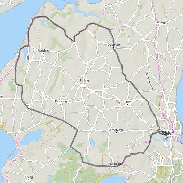 Map miniature of "Skive - Rønbjerg - Lem - Krejbjerg - Oddense" cycling inspiration in Midtjylland, Denmark. Generated by Tarmacs.app cycling route planner