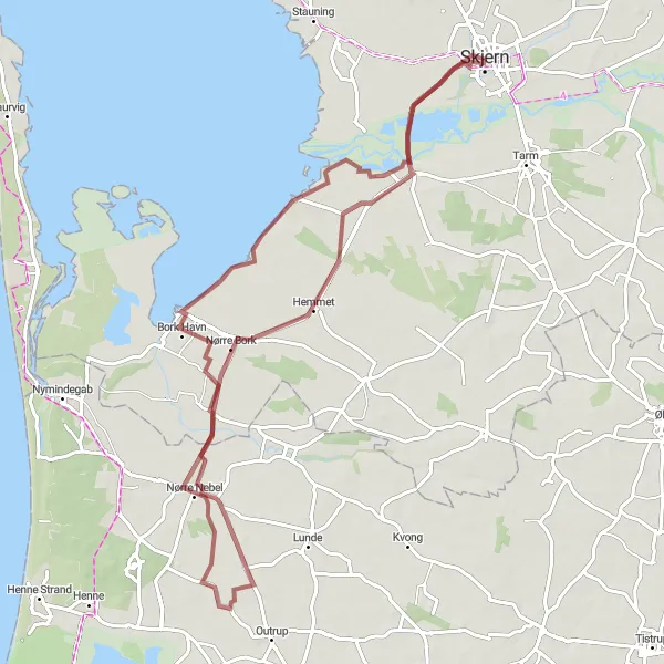 Map miniature of "Discovering Skjern by Gravel" cycling inspiration in Midtjylland, Denmark. Generated by Tarmacs.app cycling route planner