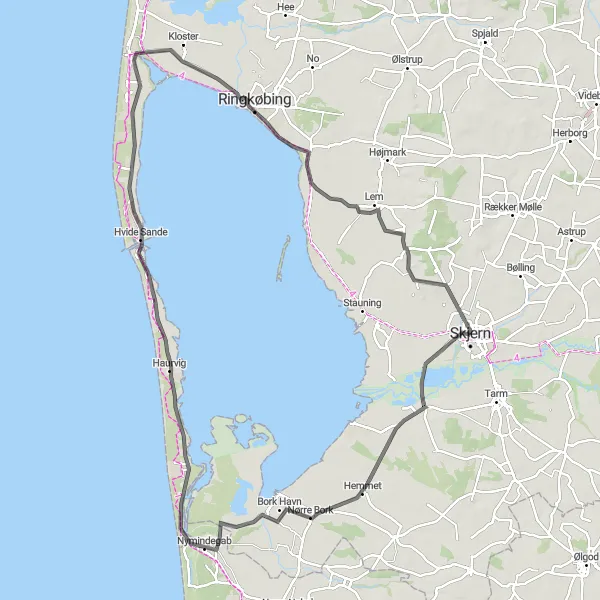 Map miniature of "Diverse Road Cycling Adventure near Skjern" cycling inspiration in Midtjylland, Denmark. Generated by Tarmacs.app cycling route planner