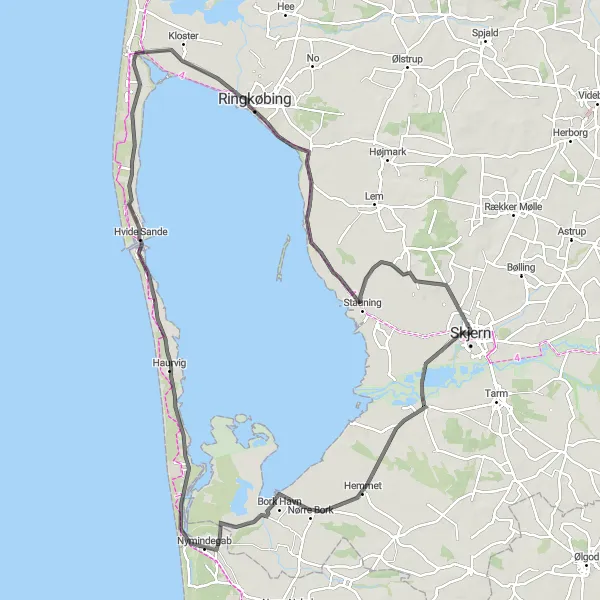 Map miniature of "Ringkøbing Skjern Circuit" cycling inspiration in Midtjylland, Denmark. Generated by Tarmacs.app cycling route planner