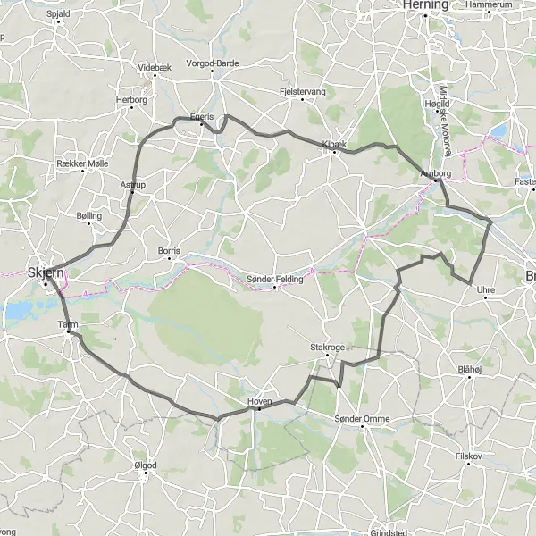 Map miniature of "Arnborg Explorer" cycling inspiration in Midtjylland, Denmark. Generated by Tarmacs.app cycling route planner