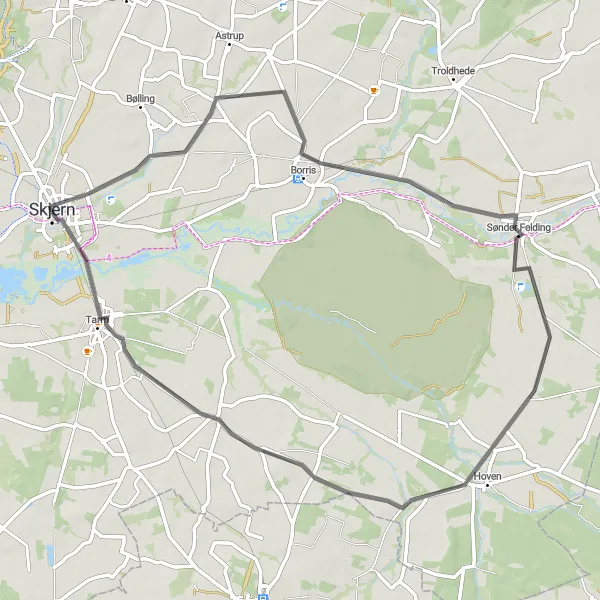 Map miniature of "Tarm Coastal Loop" cycling inspiration in Midtjylland, Denmark. Generated by Tarmacs.app cycling route planner