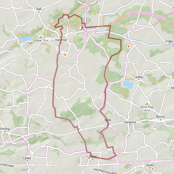 Map miniature of "Gravel Adventure Loop" cycling inspiration in Midtjylland, Denmark. Generated by Tarmacs.app cycling route planner