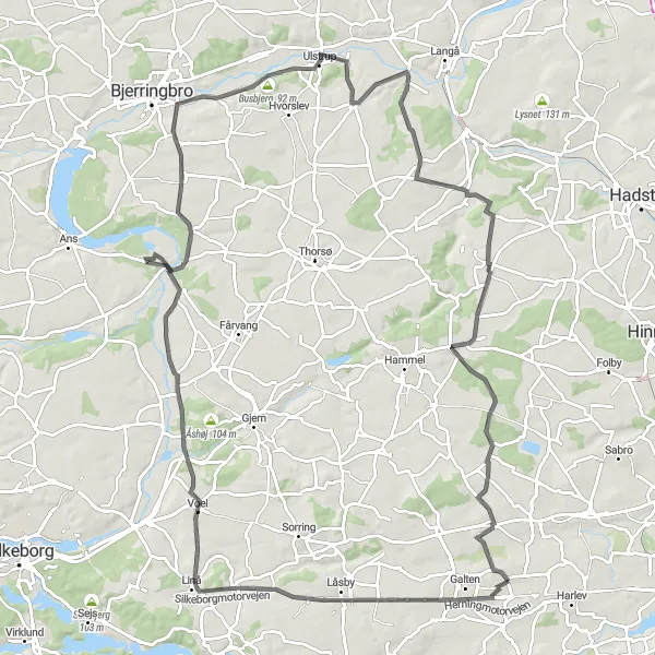 Map miniature of "Galten to Sjelle" cycling inspiration in Midtjylland, Denmark. Generated by Tarmacs.app cycling route planner