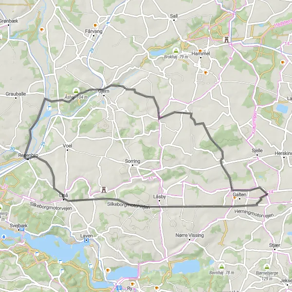 Map miniature of "The Låsby Loop" cycling inspiration in Midtjylland, Denmark. Generated by Tarmacs.app cycling route planner