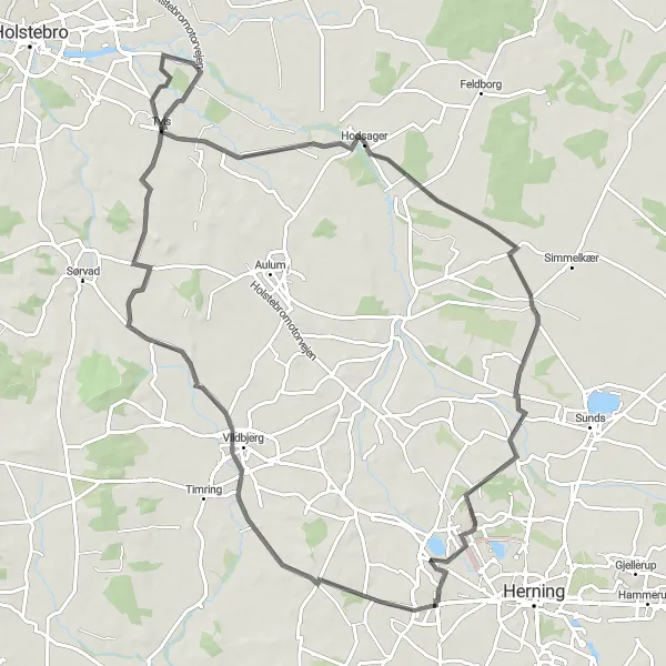 Map miniature of "Snejbjerg and Vildbjerg Route" cycling inspiration in Midtjylland, Denmark. Generated by Tarmacs.app cycling route planner