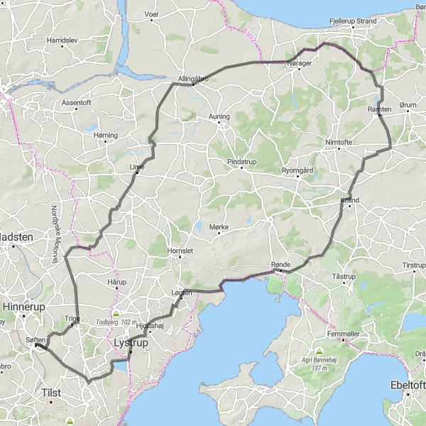Map miniature of "Trige and Beyond" cycling inspiration in Midtjylland, Denmark. Generated by Tarmacs.app cycling route planner