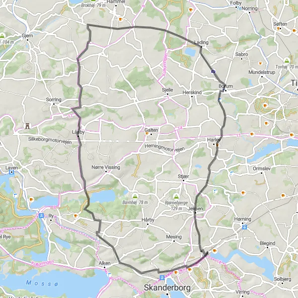 Map miniature of "Stilling to Jeksen Loop" cycling inspiration in Midtjylland, Denmark. Generated by Tarmacs.app cycling route planner