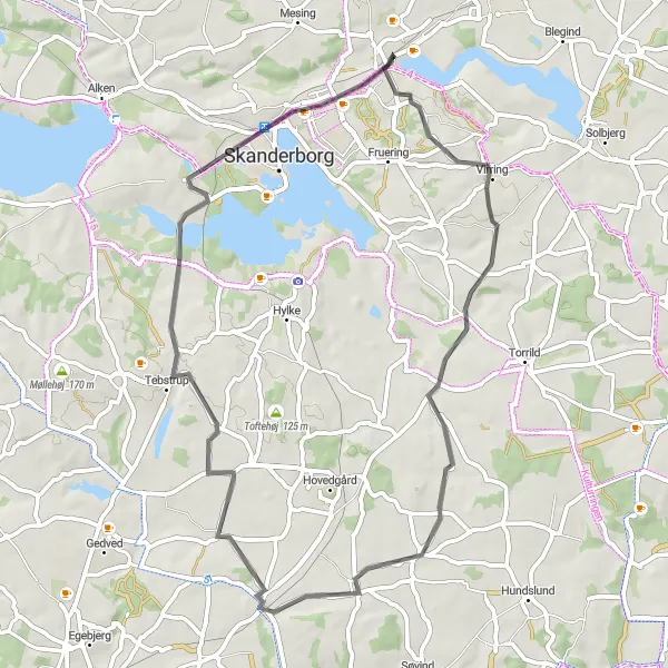 Map miniature of "Skanderborg Delight" cycling inspiration in Midtjylland, Denmark. Generated by Tarmacs.app cycling route planner