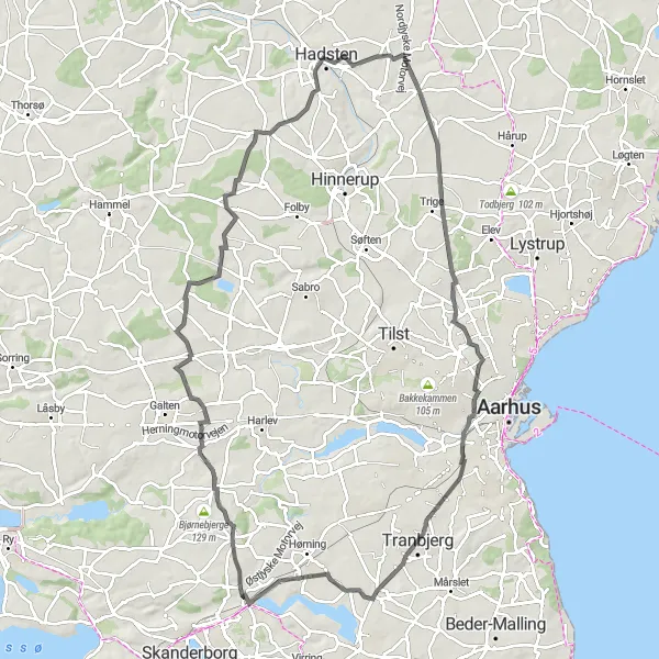 Map miniature of "Tranbjerg Loop" cycling inspiration in Midtjylland, Denmark. Generated by Tarmacs.app cycling route planner