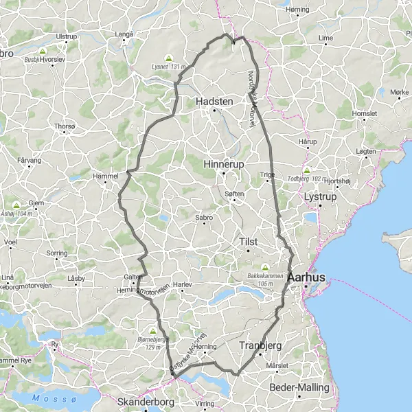 Map miniature of "Stilling to Tranbjerg Loop" cycling inspiration in Midtjylland, Denmark. Generated by Tarmacs.app cycling route planner