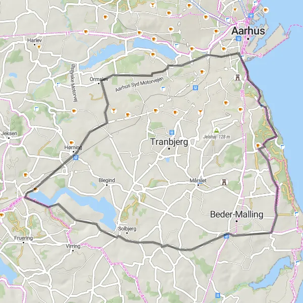 Map miniature of "Ormslev Loop" cycling inspiration in Midtjylland, Denmark. Generated by Tarmacs.app cycling route planner