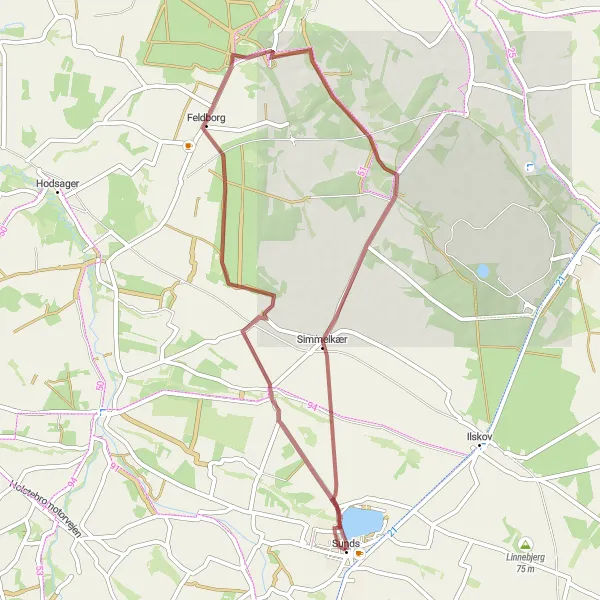 Map miniature of "Scenic Gravel Route to Sunds" cycling inspiration in Midtjylland, Denmark. Generated by Tarmacs.app cycling route planner