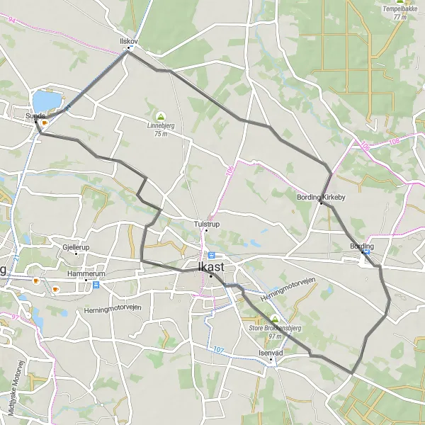 Map miniature of "Picturesque Road Ride to Sunds" cycling inspiration in Midtjylland, Denmark. Generated by Tarmacs.app cycling route planner