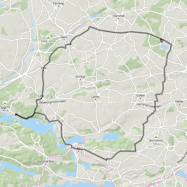 Map miniature of "The Lakes of Midtjylland" cycling inspiration in Midtjylland, Denmark. Generated by Tarmacs.app cycling route planner