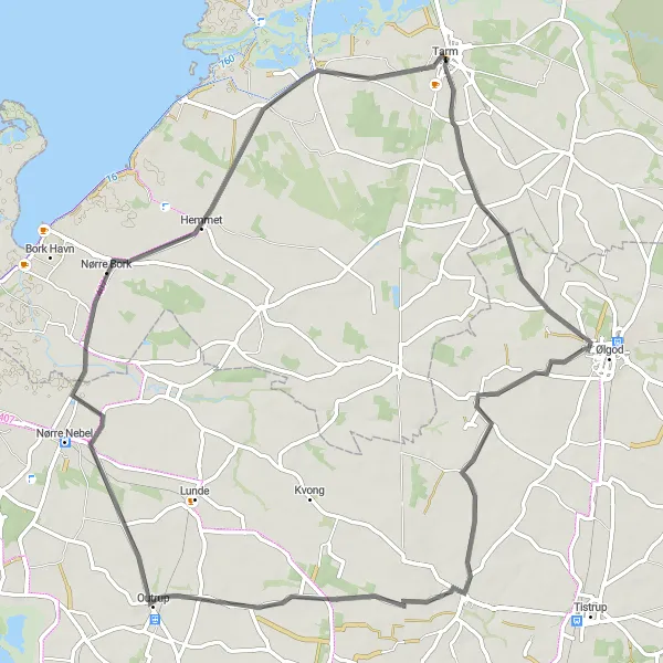 Miniaturekort af cykelinspirationen "Tarms Skovrunde" i Midtjylland, Denmark. Genereret af Tarmacs.app cykelruteplanlægger