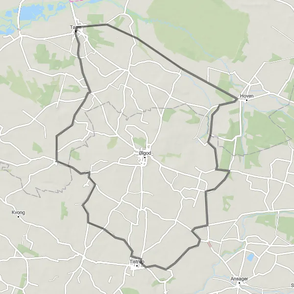 Map miniature of "Tarm to Sønderby Loop" cycling inspiration in Midtjylland, Denmark. Generated by Tarmacs.app cycling route planner