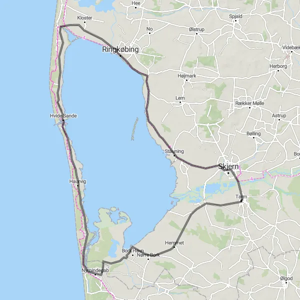 Map miniature of "Tarm to Skjern Circuit" cycling inspiration in Midtjylland, Denmark. Generated by Tarmacs.app cycling route planner