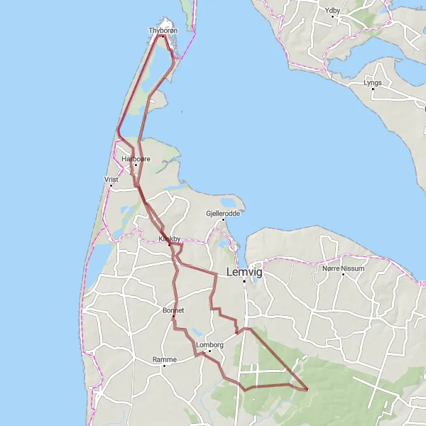 Map miniature of "Lomborg and Thyborøn Gravel Adventure" cycling inspiration in Midtjylland, Denmark. Generated by Tarmacs.app cycling route planner