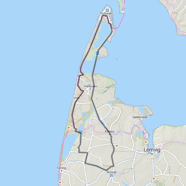 Miniaturekort af cykelinspirationen "Kystcykling fra Harboøre til Thyborøn" i Midtjylland, Denmark. Genereret af Tarmacs.app cykelruteplanlægger