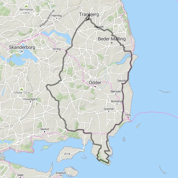 Map miniature of "Tranbjerg Gravel Adventure" cycling inspiration in Midtjylland, Denmark. Generated by Tarmacs.app cycling route planner