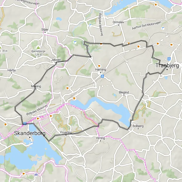 Map miniature of "Tranbjerg to Fruering Loop" cycling inspiration in Midtjylland, Denmark. Generated by Tarmacs.app cycling route planner