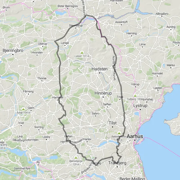 Map miniature of "Tranbjerg to Randers Epic Adventure" cycling inspiration in Midtjylland, Denmark. Generated by Tarmacs.app cycling route planner