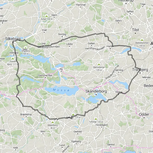 Map miniature of "Tranbjerg Hill Challenge" cycling inspiration in Midtjylland, Denmark. Generated by Tarmacs.app cycling route planner