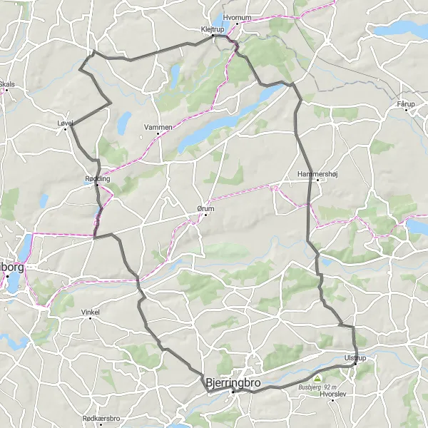 Map miniature of "Ulstrup - Serene Country Roads" cycling inspiration in Midtjylland, Denmark. Generated by Tarmacs.app cycling route planner