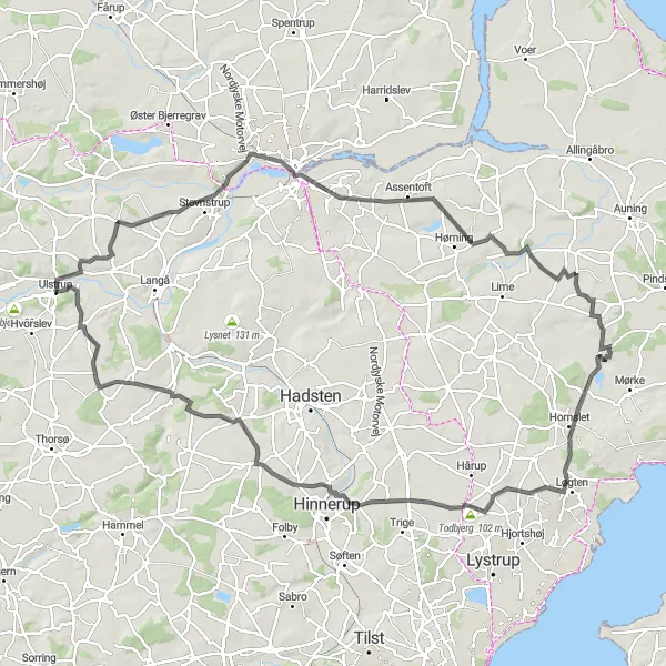 Map miniature of "Ulstrup-Haldum Panorama Ride" cycling inspiration in Midtjylland, Denmark. Generated by Tarmacs.app cycling route planner