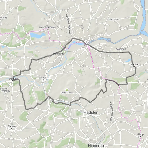 Map miniature of "Ulstrup - Scenic Road Ride" cycling inspiration in Midtjylland, Denmark. Generated by Tarmacs.app cycling route planner