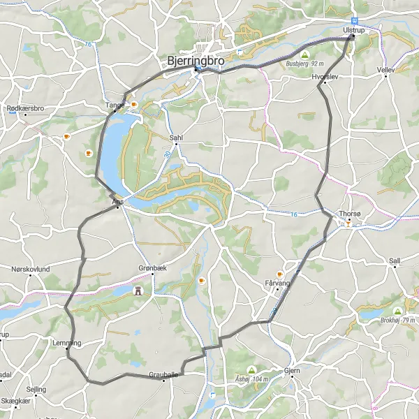 Map miniature of "Ulstrup-Tange Lake Circuit" cycling inspiration in Midtjylland, Denmark. Generated by Tarmacs.app cycling route planner