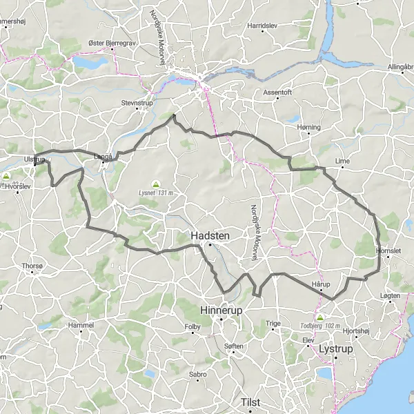 Map miniature of "Ulstrup - Hill Climbing Challenge" cycling inspiration in Midtjylland, Denmark. Generated by Tarmacs.app cycling route planner