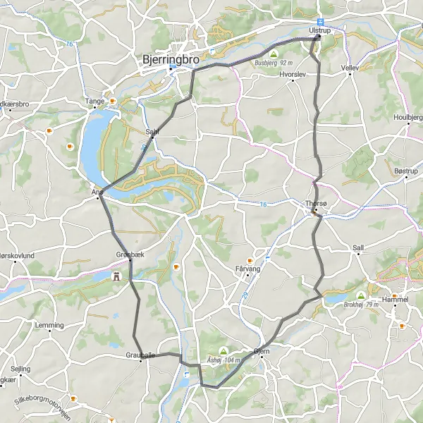 Map miniature of "Ulstrup-Gjern Circuit" cycling inspiration in Midtjylland, Denmark. Generated by Tarmacs.app cycling route planner