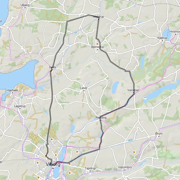 Map miniature of "Skals and Møldrup Circuit" cycling inspiration in Midtjylland, Denmark. Generated by Tarmacs.app cycling route planner