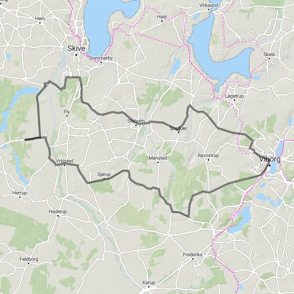 Map miniature of "Viborg to Vroue Loop" cycling inspiration in Midtjylland, Denmark. Generated by Tarmacs.app cycling route planner