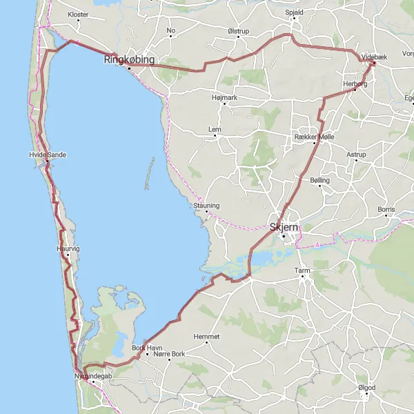 Map miniature of "Videbæk Gravel Adventure Extended" cycling inspiration in Midtjylland, Denmark. Generated by Tarmacs.app cycling route planner