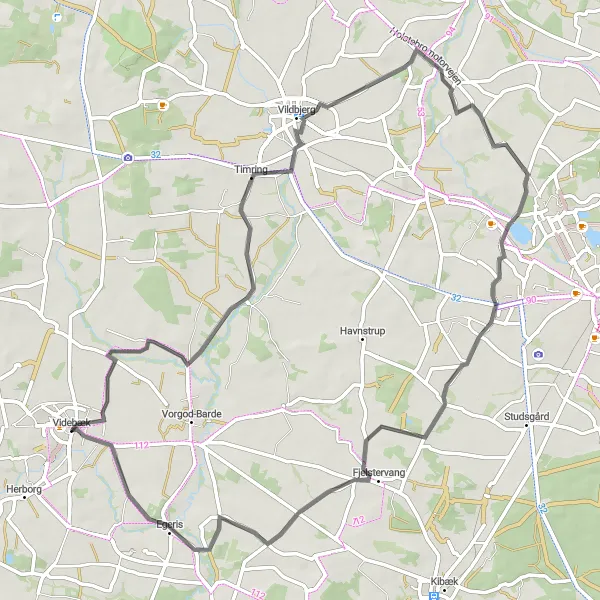 Map miniature of "Videbæk Countryside Ride" cycling inspiration in Midtjylland, Denmark. Generated by Tarmacs.app cycling route planner