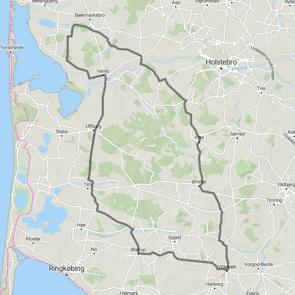 Map miniature of "The Fjords and Forests Route" cycling inspiration in Midtjylland, Denmark. Generated by Tarmacs.app cycling route planner