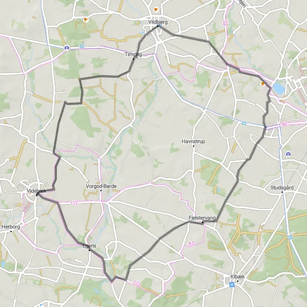 Map miniature of "Videbæk to Vildbjerg Route" cycling inspiration in Midtjylland, Denmark. Generated by Tarmacs.app cycling route planner