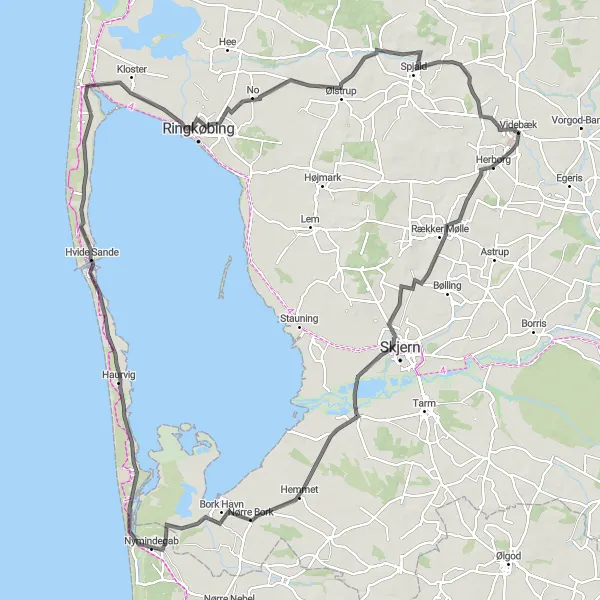 Map miniature of "The Majestic West Coast Ride" cycling inspiration in Midtjylland, Denmark. Generated by Tarmacs.app cycling route planner