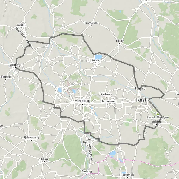 Map miniature of "Nybro and Lind Exploration" cycling inspiration in Midtjylland, Denmark. Generated by Tarmacs.app cycling route planner