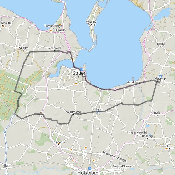 Map miniature of "Vinderup and Surroundings" cycling inspiration in Midtjylland, Denmark. Generated by Tarmacs.app cycling route planner