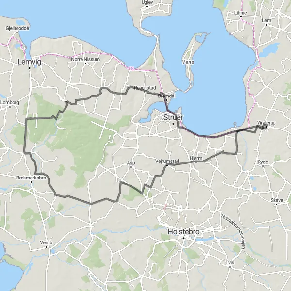 Map miniature of "The Vejrumstad Loop" cycling inspiration in Midtjylland, Denmark. Generated by Tarmacs.app cycling route planner